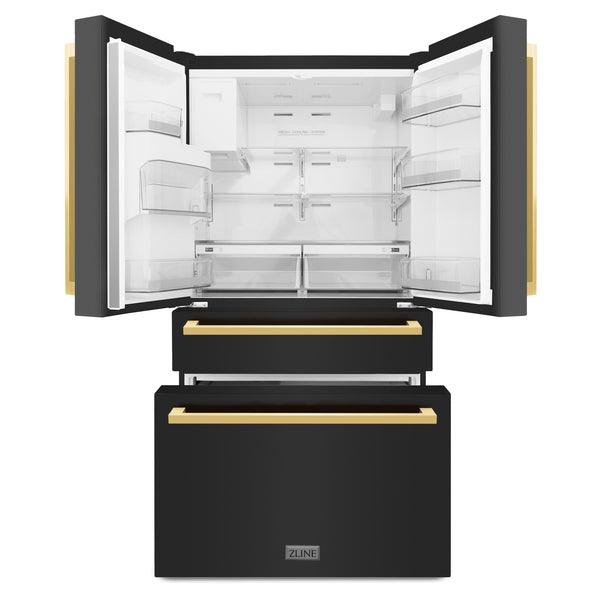 ZLINE KITCHEN & BATH Counter-Depth 21.6-cu ft 4 -Door French Door Refrigerator with Ice Maker with Water and Ice Dispenser ( Black Stainless Steel with Flat Polished Gold Handle ) ENERGY STAR Certified