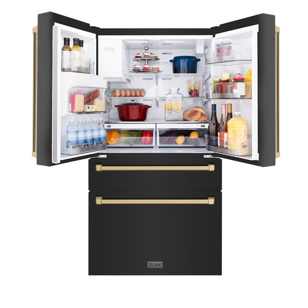 ZLINE KITCHEN & BATH Counter-Depth Autograph Edition 21.6-cu ft 4 -Door French Door Refrigerator with Ice Maker with Water Dispenser ( Fingerprint Resistant Black Stainless Steel with Champagne Bronze accent Handles ) ENERGY STAR Certified