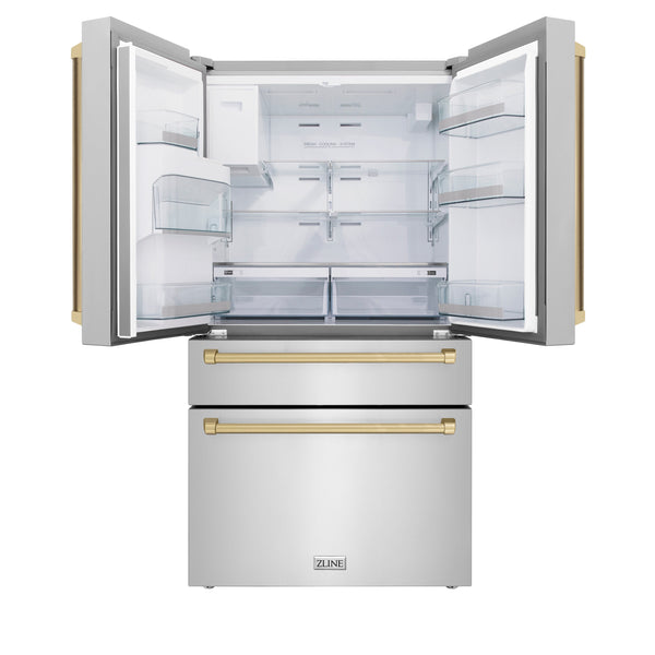 ZLINE KITCHEN & BATH Counter-Depth Autograph Edition 21.6-cu ft 4 -Door French Door Refrigerator with Ice Maker with Water Dispenser ( Fingerprint Resistant Stainless Steel with Champagne Bronze accent Handles ) ENERGY STAR Certified