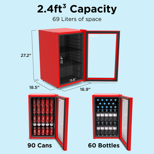 SnowLion Premium 69L Beverage Glass Door 2.4-cu ft Mini Fridge ( Red ) Garage Ready