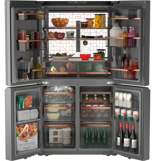 Cafe Standard-Depth 27.4-cu ft 4 -Door Smart Compatible French Door Refrigerator with Ice Maker with Water Dispenser ( Platinum Glass ) ENERGY STAR Certified