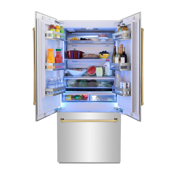 ZLINE KITCHEN & BATH Counter-Depth Autograph Edition 19.6-cu ft 3 -Door Built-In French Door Refrigerator with Ice Maker with Water Dispenser ( Stainless Steel with Polished Gold Handles ) ENERGY STAR Certified