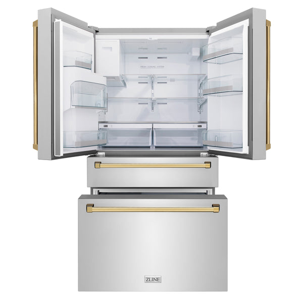 ZLINE KITCHEN & BATH Counter-Depth 21.6-cu ft 4 -Door French Door Refrigerator with Ice Maker with Water Dispenser ( Fingerprint Resistant Stainless Steel with Polished Gold accent Handles ) ENERGY STAR Certified