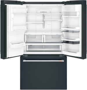 Cafe Standard-Depth 27.8-cu ft 3 -Door Smart Compatible French Door Refrigerator with Ice Maker with Water and Ice Dispenser ( Matte Black with Brushed Stainless Handles ) ENERGY STAR Certified