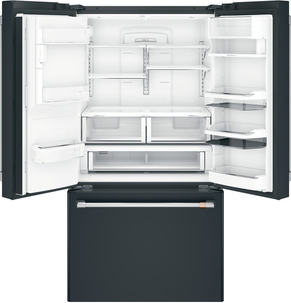 Cafe Standard-Depth 27.8-cu ft 3 -Door Smart Compatible French Door Refrigerator with Ice Maker with Water and Ice Dispenser ( Matte Black with Brushed Stainless Handles ) ENERGY STAR Certified