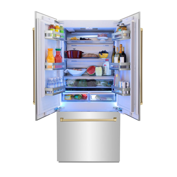 ZLINE KITCHEN & BATH Counter-Depth Autograph Edition 19.6-cu ft 3 -Door Built-In French Door Refrigerator with Ice Maker with Water Dispenser ( Stainless Steel with Champagne Bronze Handles ) ENERGY STAR Certified