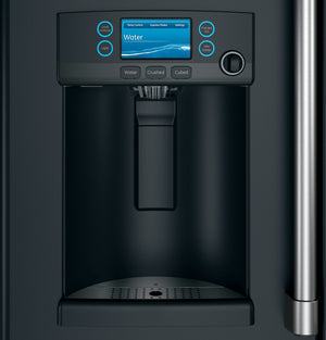 Cafe Standard-Depth 27.8-cu ft 3 -Door Smart Compatible French Door Refrigerator with Ice Maker with Water and Ice Dispenser ( Matte Black with Brushed Stainless Handles ) ENERGY STAR Certified