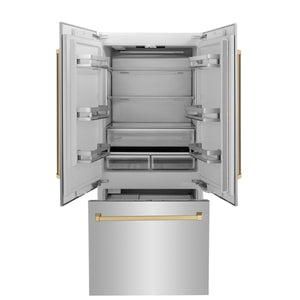 ZLINE KITCHEN & BATH Counter-Depth Autograph Edition 19.6-cu ft 3 -Door Built-In French Door Refrigerator with Ice Maker with Water Dispenser ( Stainless Steel with Champagne Bronze Handles ) ENERGY STAR Certified