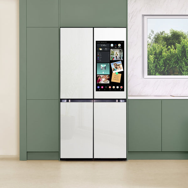 Samsung Bespoke Counter-Depth Family Hub 22.5-cu ft 4 -Door Smart Compatible French Door Refrigerator with Dual Ice Maker with Water Dispenser and Door within Door ( White Glass ) ENERGY STAR Certified