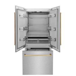 ZLINE KITCHEN & BATH Counter-Depth 19.6-cu ft 3 -Door Built-In French Door Refrigerator with Ice Maker with Water Dispenser ( Satin Stainless Steel, Polished Gold Handle ) ENERGY STAR Certified