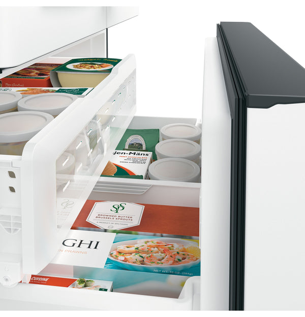 Cafe Standard-Depth 27.8-cu ft 3 -Door Smart Compatible French Door Refrigerator with Ice Maker with Water and Ice Dispenser ( Matte White with Brushed Bronze Handles ) ENERGY STAR Certified