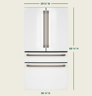 Cafe Standard-Depth Matte White with Brushed Bronze Handles 28.7-cu ft 4 -Door Smart Compatible French Door Refrigerator with Ice Maker with Water Dispenser ( Matte White ) ENERGY STAR Certified