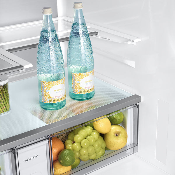 Samsung Bespoke Standard-Depth 28.6-cu ft 4 -Door Smart Compatible French Door Refrigerator with Dual Ice Maker with Water Dispenser and Door within Door ( Charcoal Glass Top with Stainless Steel Bottom Panels ) ENERGY STAR Certified
