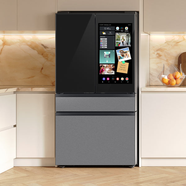 Samsung Bespoke Counter-Depth Family Hub 22.5-cu ft 4 -Door Smart Compatible French Door Refrigerator with Dual Ice Maker with Water Dispenser and Door within Door ( Charcoal Glass Top with Stainless Steel Bottom Panels ) ENERGY STAR Certified