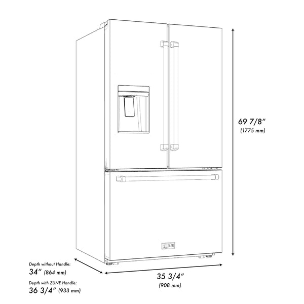 ZLINE KITCHEN & BATH Standard-Depth 28.9-cu ft 3 -Door French Door Refrigerator with Ice Maker with Water and Ice Dispenser ( Black Stainless Steel with Polished Gold Handle ) ENERGY STAR Certified