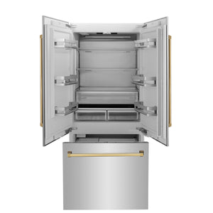 ZLINE KITCHEN & BATH Counter-Depth Autograph Edition 19.6-cu ft 3 -Door Built-In French Door Refrigerator with Ice Maker with Water Dispenser ( Stainless Steel with Polished Gold Handles ) ENERGY STAR Certified