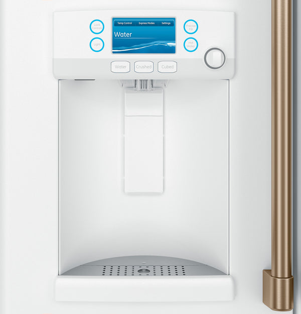 Cafe Standard-Depth 27.8-cu ft 3 -Door Smart Compatible French Door Refrigerator with Ice Maker with Water and Ice Dispenser ( Matte White with Brushed Bronze Handles ) ENERGY STAR Certified