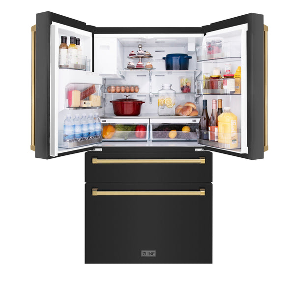 ZLINE KITCHEN & BATH Counter-Depth Autograph Edition 21.6-cu ft 4 -Door French Door Refrigerator with Ice Maker with Water Dispenser ( Fingerprint Resistant Black Stainless Steel with Polished Gold accent Handles ) ENERGY STAR Certified