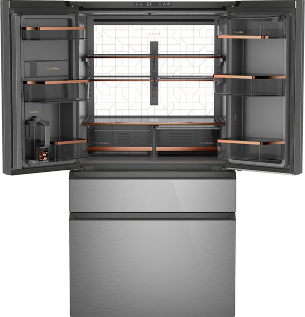 Cafe Standard-Depth 28.7-cu ft 4 -Door Smart Compatible French Door Refrigerator with Ice Maker with Water Dispenser ( Platinum Glass ) ENERGY STAR Certified