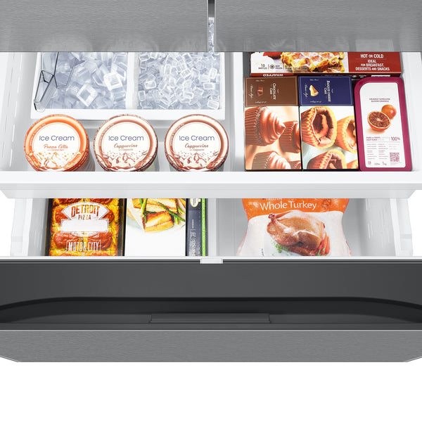 Samsung Standard-Depth Mega Capacity Family Hub 30-cu ft 3 -Door Smart Compatible French Door Refrigerator Triple with Water and Ice Dispenser ( Fingerprint Resistant Stainless Steel ) ENERGY STAR Certified