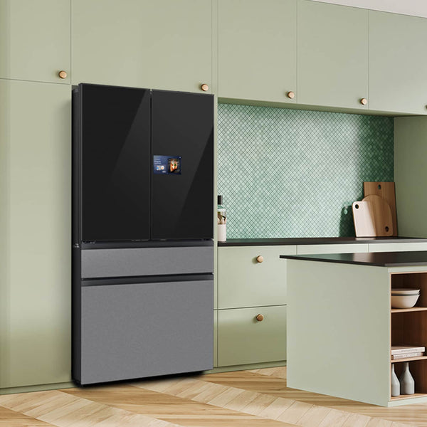 Samsung Bespoke Standard-Depth 28.6-cu ft 4 -Door Smart Compatible French Door Refrigerator with Dual Ice Maker with Water Dispenser and Door within Door ( Charcoal Glass Top with Stainless Steel Bottom Panels ) ENERGY STAR Certified