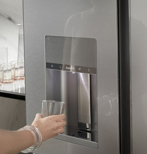 Cafe Standard-Depth Modern Glass 27.8-cu ft 4 -Door Smart Compatible French Door Refrigerator with Ice Maker with Water and Ice Dispenser ( Platinum Glass ) ENERGY STAR Certified