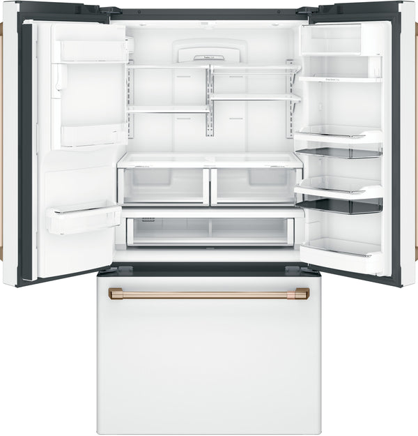 Cafe Standard-Depth 27.8-cu ft 3 -Door Smart Compatible French Door Refrigerator with Ice Maker with Water and Ice Dispenser ( Matte White with Brushed Bronze Handles ) ENERGY STAR Certified
