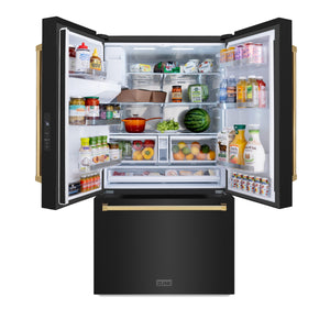 ZLINE KITCHEN & BATH Standard-Depth 28.9-cu ft 3 -Door French Door Refrigerator with Ice Maker with Water and Ice Dispenser ( Black Stainless Steel with Polished Gold Handle ) ENERGY STAR Certified