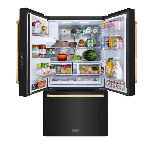 ZLINE KITCHEN & BATH Standard-Depth 28.9-cu ft 3 -Door French Door Refrigerator with Ice Maker with Water and Ice Dispenser ( Black Stainless Steel with Polished Gold Handle ) ENERGY STAR Certified