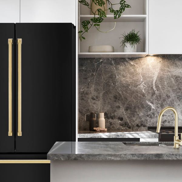 ZLINE KITCHEN & BATH Counter-Depth 22.5-cu ft 4 -Door French Door Refrigerator with Ice Maker with Ice Dispenser ( Fingerprint Resistant Black Stainless Steel with Polished Gold accent Handles ) ENERGY STAR Certified