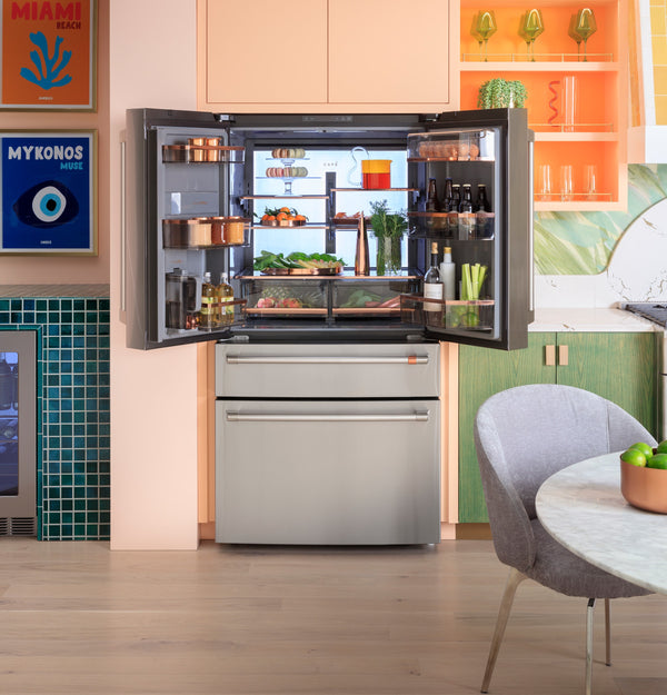 Cafe Standard-Depth 28.7-cu ft 4 -Door Smart Compatible French Door Refrigerator with Ice Maker with Water Dispenser ( Stainless Steel ) ENERGY STAR Certified