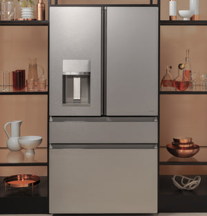 Cafe Standard-Depth Modern Glass 27.8-cu ft 4 -Door Smart Compatible French Door Refrigerator with Ice Maker with Water and Ice Dispenser ( Platinum Glass ) ENERGY STAR Certified
