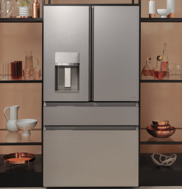 Cafe Standard-Depth Modern Glass 27.8-cu ft 4 -Door Smart Compatible French Door Refrigerator with Ice Maker with Water and Ice Dispenser ( Platinum Glass ) ENERGY STAR Certified